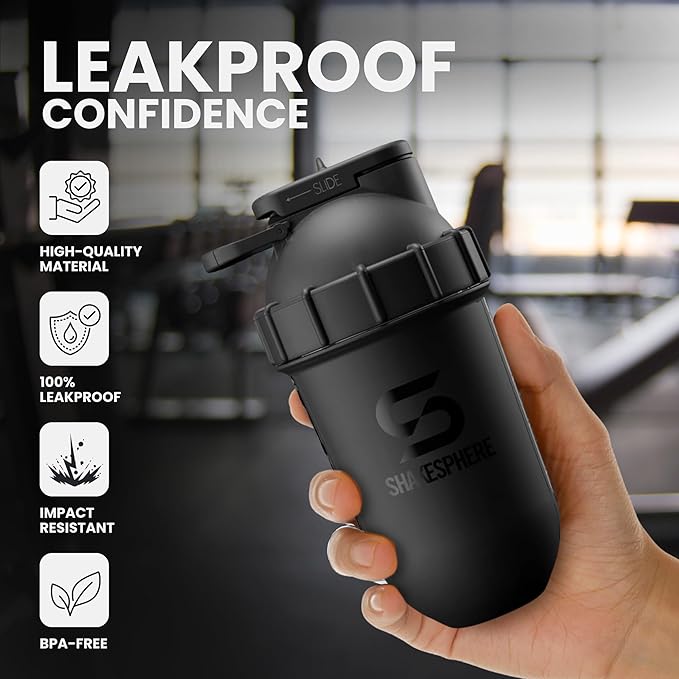 SHAKESPHERE Tumbler Protein Shaker Bottle - BPA-Free 24oz Blender Shaker Cups for Protein Shakes, Purees, Fruit, Smoothies & Pre Workout with Clear Window - Bladeless Mixer & Leak Proof - Matte Black