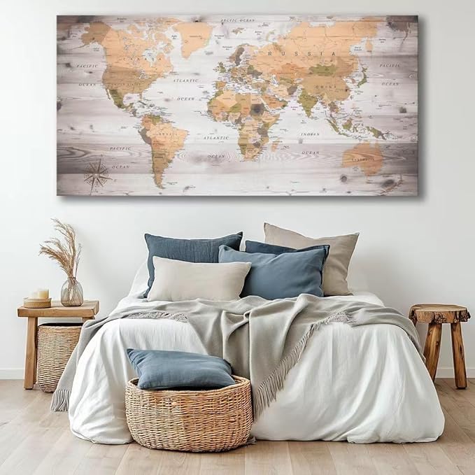 Large Wall Art grey map of The World Painting Ready to Hang 36"x70"Large Framed - Image 2