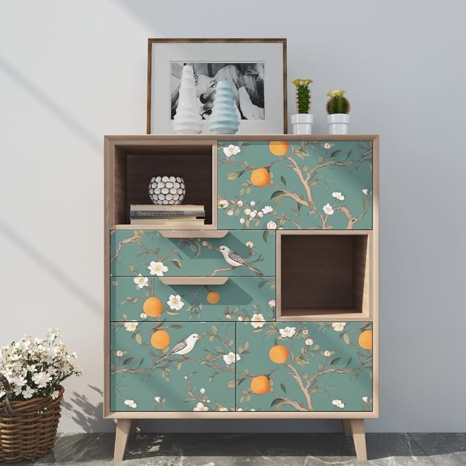 Green Floral Wallpaper Peel and Stick, Birds Contact Paper Orange Fruits - Image 2