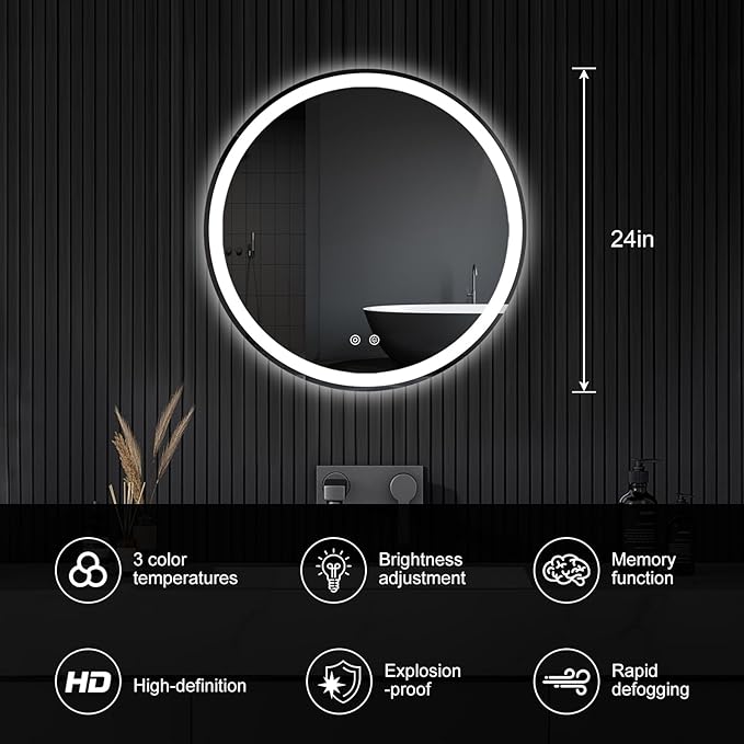 NEWBULIG 24 Inch Round LED Bathroom Wall Mirror - Image 3
