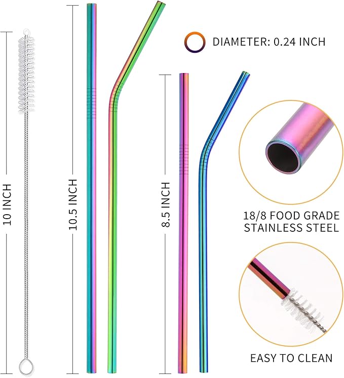 Hiware 12-Pack Rainbow Metal Straws Reusable with Case - Stainless Steel Drinking Straws for 30oz and 20oz Tumblers Dishwasher Safe, 2 Brushes Included