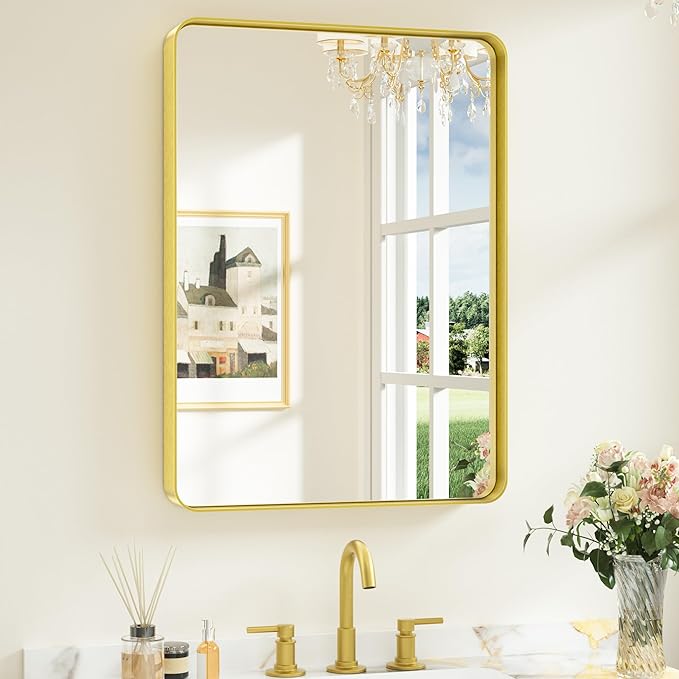 Keonjinn Gold Bathroom Mirrors for Over Sink, 22” x 30” Rounded Rectangle by Keonjinn