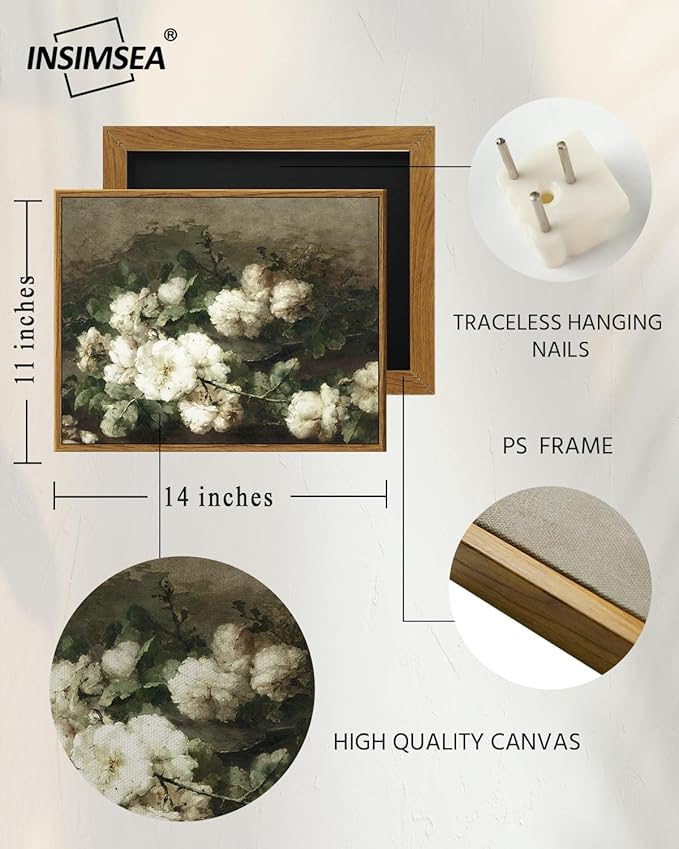 InSimSea Framed Canvas Wall Art Vintage Decor, Flower Prints Wall Art Room Wall - Image 4