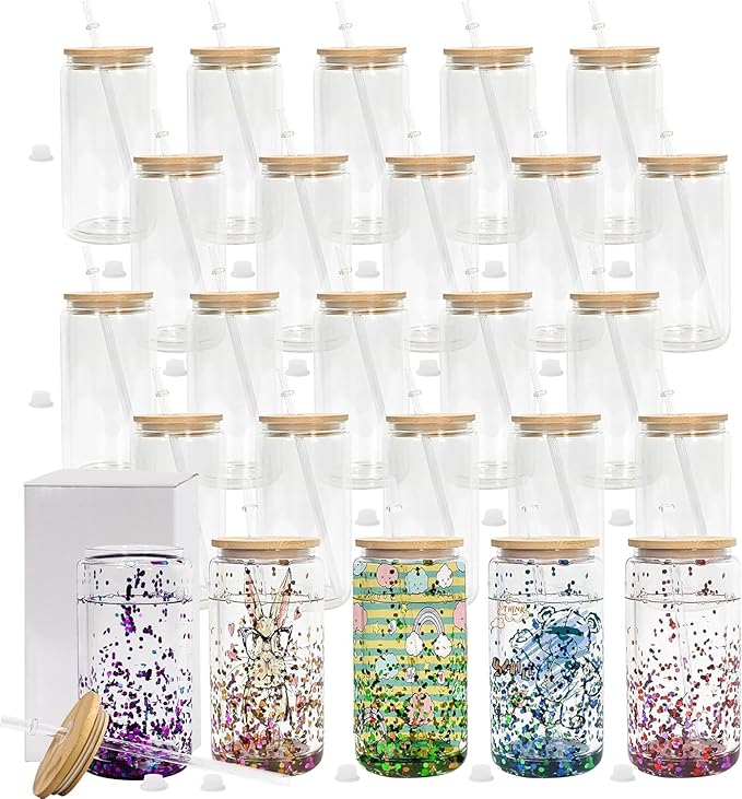 16oz SnowGlobe Cups, 25pack Sublimation Snowglobe Cup with Bamboo Lids and Straws, Double Walled Glass Mug Bulk, Pre Drilled Glass Blank for Snow Globe Glitter, Individual Packaging