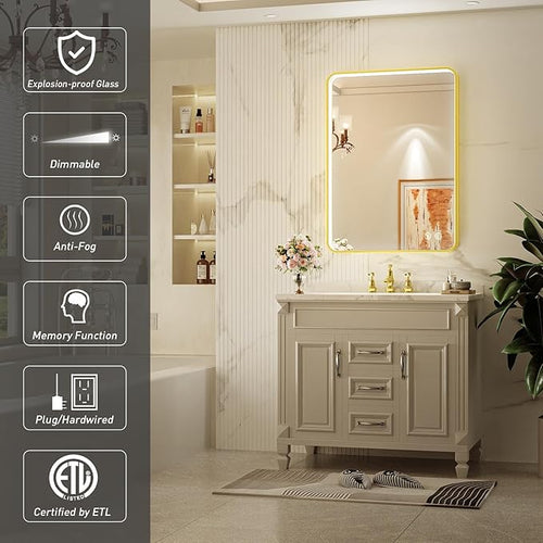20X28 Inch Framed LED Lighted Bathroom Mirror, Wall Mounted Gold Metal Vanity - Image 2