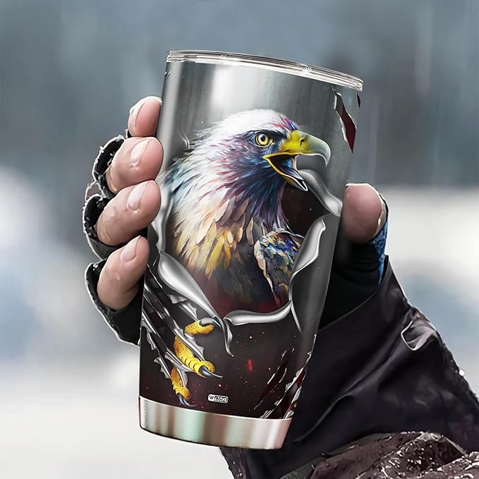 WAZONE Personalized Eagle Tumbler American Flag Custom Name 20oz 30oz Stainless Steel Insulated Cup Novelty Double Wall Vacuum Travel Coffee Mug Stuff Gifts Birthday Presents For Men Him