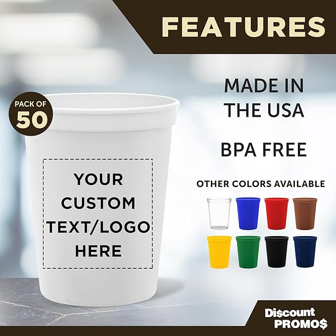 DISCOUNT PROMOS Custom Plastic Stadium Cups 16 oz. Set of 50, Personalized Bulk Pack - Perfect for Birthdays, Weddings, Picnic, Beach, Parties - White