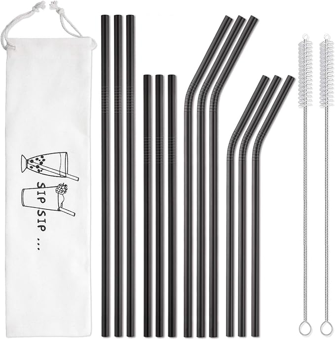 Hiware 12-Pack Black Stainless Steel Straws Reusable with Case - Metal Drinking Straws for 30oz and 20oz Tumblers Dishwasher Safe, 2 Cleaning Brushes Included