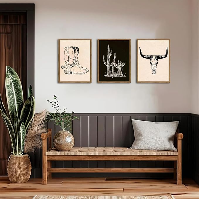 Vintage Western Wall Art Set of 3, Southwestern Cowboy Wall Decor Paintings - Image 3