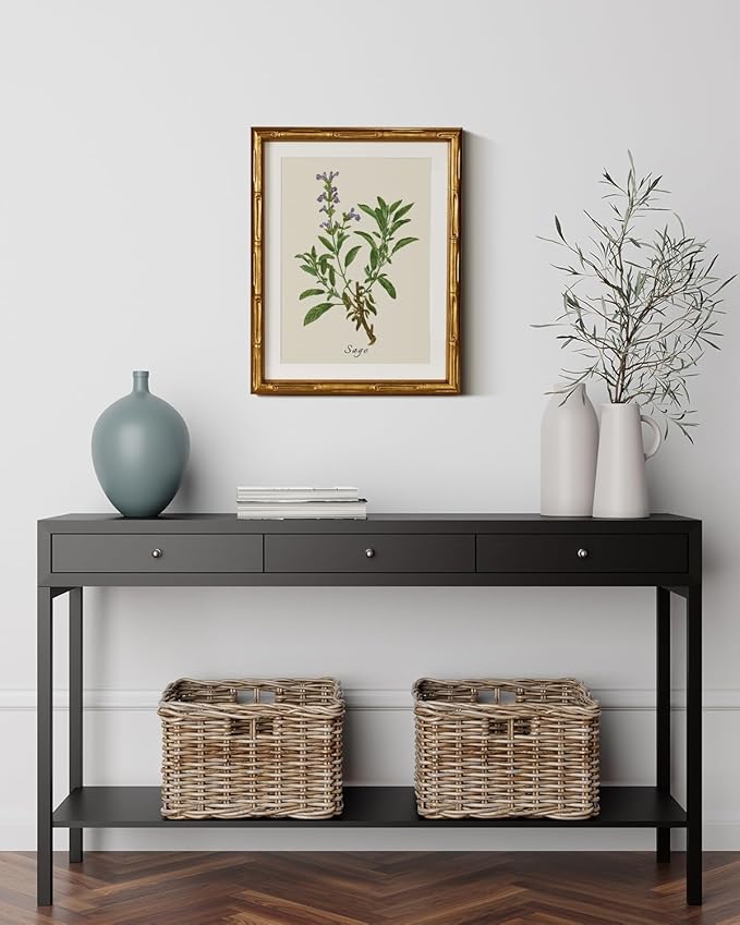 InSimSea Gold Bamboo Framed Canvas Wall Art, Vintage Watercolor Sage Herbs - Image 2