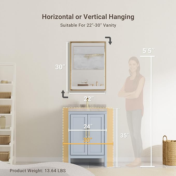 Gold Bathroom Mirror, 22x30 Brushed Gold Bathroom Mirror Beveled Edge, - Image 2
