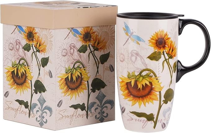 Topadorn Ceramic Mug Sunflower Coffee Cup with Gift Box Latte Mug with Lid, 17oz. Sunflower and Dragonfly