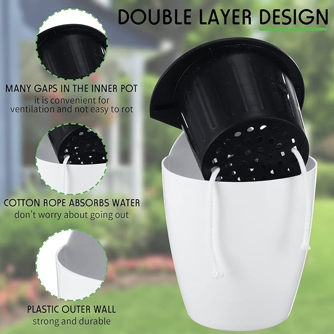 Yungyan 10 Sets 5" Self Watering Hanging Planter White Lazy Flower Pots Plastic - Image 5