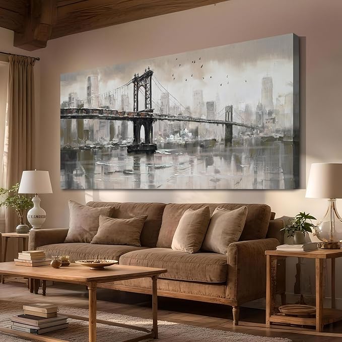 Anolyfi Vintage Brooklyn Bridge Canvas Wall Art Decor, Skylines Cityscapes - Image 2