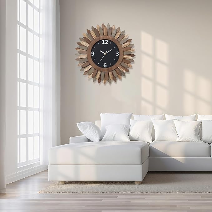 Honiway 16 Inch Wall Clocks, Rustic Wood Boho Sunburst Decorative Wall Clock - Image 2
