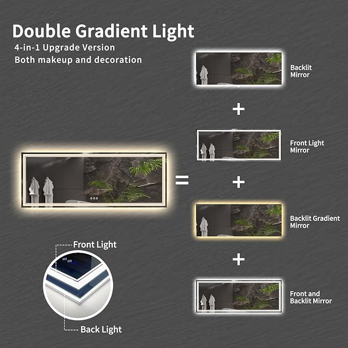 Bathroom Mirror with Lights, 96x36 Inch Gradient Front and Backlit Big Lighted - Image 4