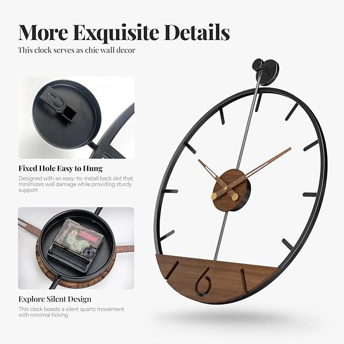 Cuspin Modern 24 Inch Wall Clock, Minimalist Wood and Metal Wall Decor Clock - Image 5