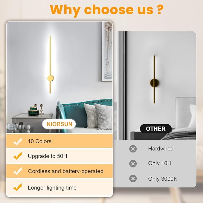 NIORSUN 24 Inch Battery Operated Wall Sconce Set of 2, 10 Colors Dimmable - Image 8