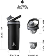 Ideus Protein Shaker Bottle 24oz(710ml) Insulated Stainless Steel Shaker Bottle with Silent Tritan Ball Portable Pre Workout Shaker Cups for Protein Shakes, Smoothies, Cocktails, Black