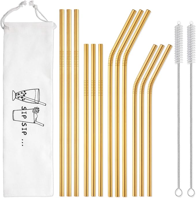 Hiware 12-Pack Gold Stainless Steel Straws Reusable with Case - Metal Drinking Straws for 30oz & 20oz Tumblers Dishwasher Safe, 2 Brushes Included