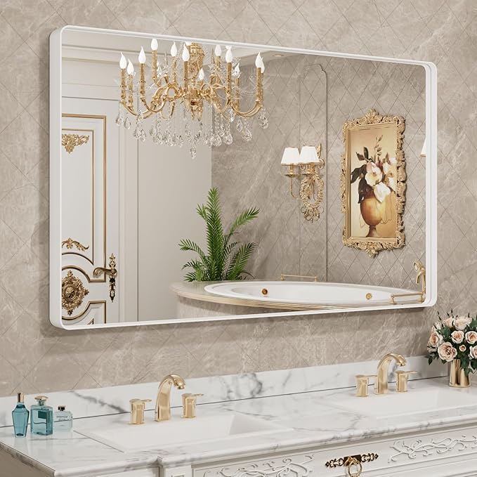 LOAAO 55x36 Inch White Metal Framed Bathroom Mirror by LOAAO