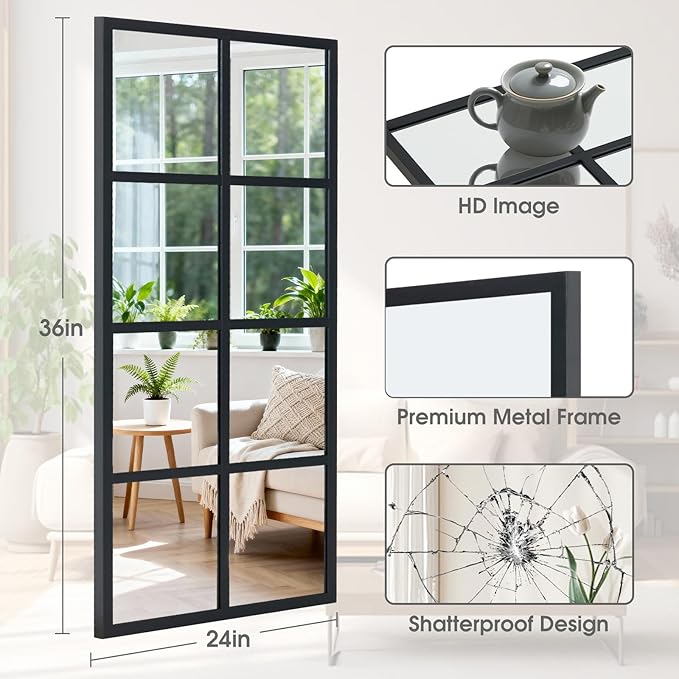 DUMOS Wall Mirror 24" x 36", Rectangle Window Pane Decorative Mirror, Metal - Image 2
