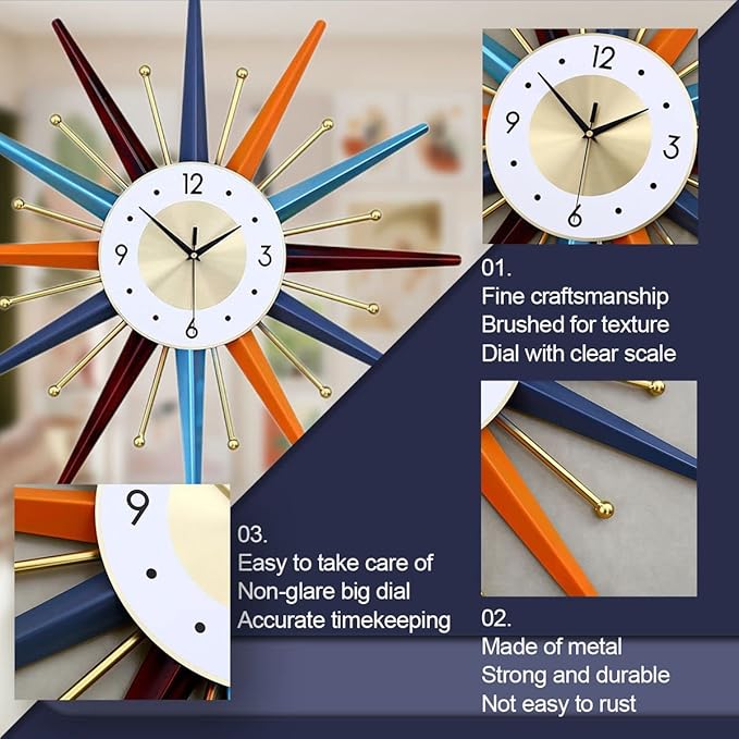 FIELDY Large Wall Clock 31 Inch Mid Century Wall Clocks Starburst Clock Non - Image 5