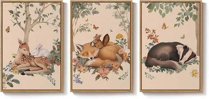 Framed Forest Animal Wall Art, 3 Piece Nature Whimsical Cottage Core Woodland by Cuspin