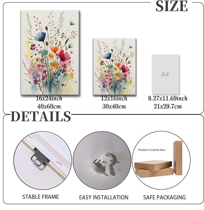 KISSFOX 3 Piece Colorful Flower Framed Wall Art Decor Watercolor Botanical - Image 4