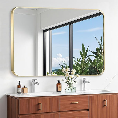 48x30 Inch Gold Bathroom Mirror, Brushed Gold Metal Framed Rectangular Mirror - Image 2