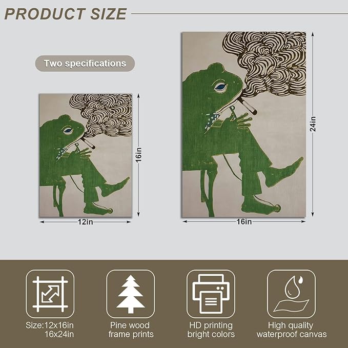 ALMLZL Funny Smoking Frog Wall Art Humorous Animal Whimsical Green Frog Canvas - Image 7