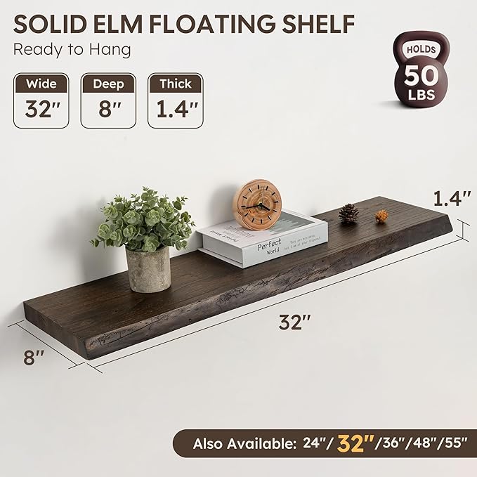Floating Shelves Set of 2, Solid Elm Wood Wall Shelves 32 Inch - Image 3