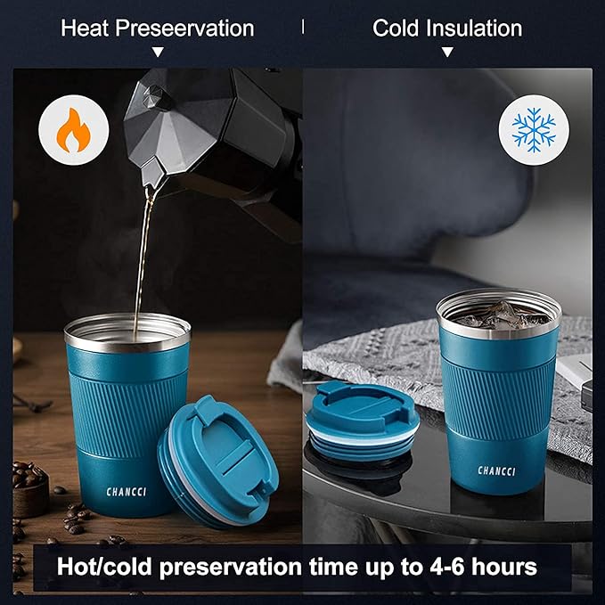 16oz Travel Coffee Mug Spill Proof, Insulated Coffee Mug with Lid, Leakproof Coffee Tumbler,Stainless Steel Vacuum Coffee Cup for Hot/Cold Drinks, Reusable Coffee Cup for Men Women -510ml,Blue