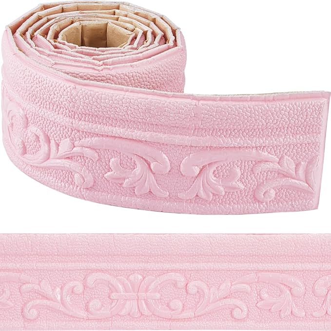 CRASPIRE 88 x 3in Crown Molding Peel and Stick 3D Flexible Foam Wall Trim Pink by CRASPIRE