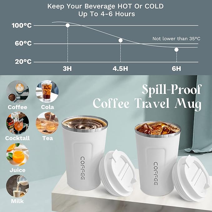 YINBAOGE Insulated Travel Coffee Mug, Spill & Leak Proof, Portable To Go Camping Stainless Steel Coffee Tumbler, Reusable Thermal Coffee Cup with Lid for Hot & Cold Drinks (2nd-White, 12 OZ)