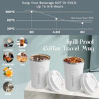 YINBAOGE Insulated Travel Coffee Mug, Spill & Leak Proof, Portable To Go Camping Stainless Steel Coffee Tumbler, Reusable Thermal Coffee Cup with Lid for Hot & Cold Drinks (2nd-White, 12 OZ)