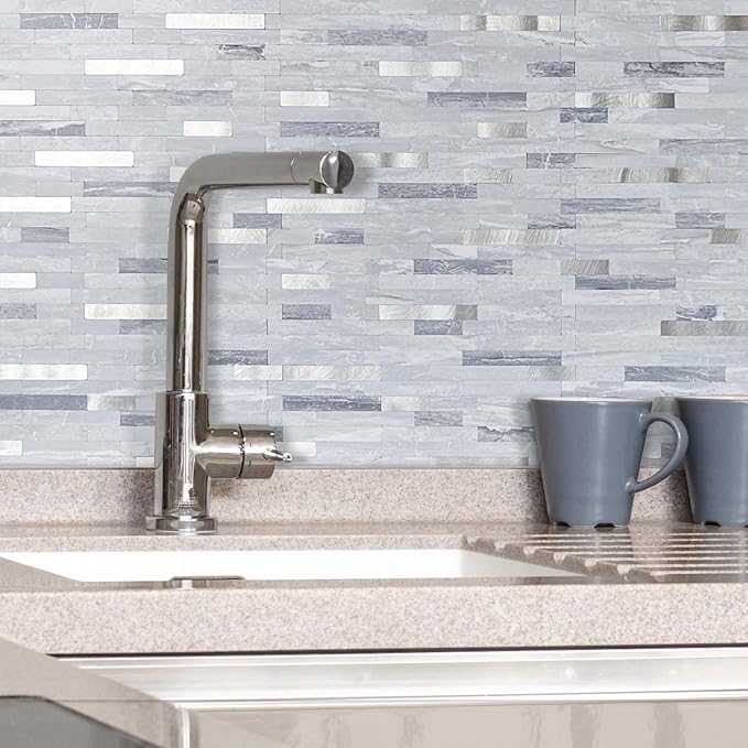 AULIGET Faux Stone Peel and Stick Backsplash, Light Grey Marble Look PVC Mixed - Image 6