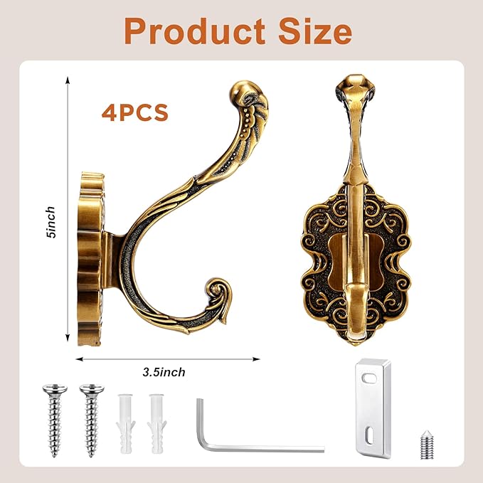 Zonon 4 Pcs Antique Gold Wall Hooks Set Vintage Coat & Towel Hooks - Image 2