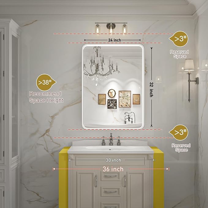 LED Bathroom Mirror with Lights, 24x32 Inch Brushed Silver Framed Lighted - Image 7