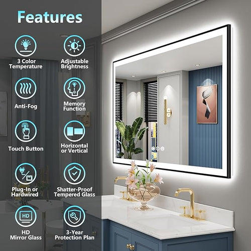50x32 Black Framed LED Bathroom Mirror - Image 2