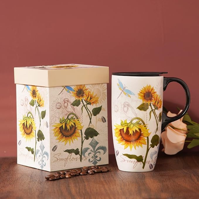 Topadorn Ceramic Mug Sunflower Coffee Cup with Gift Box Latte Mug with Lid, 17oz. Sunflower and Dragonfly