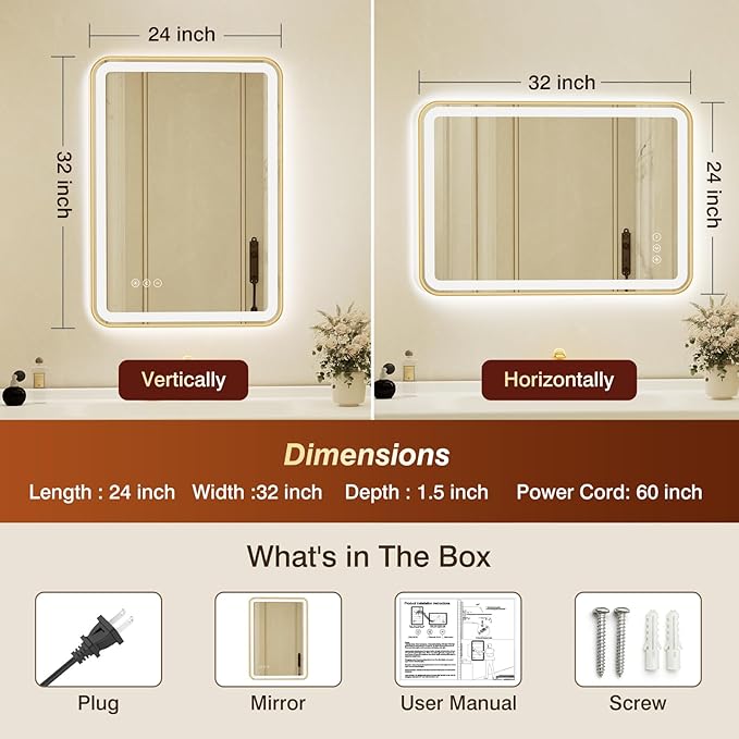 24x32 Inch Gold Framed LED Bathroom Mirror - Image 2
