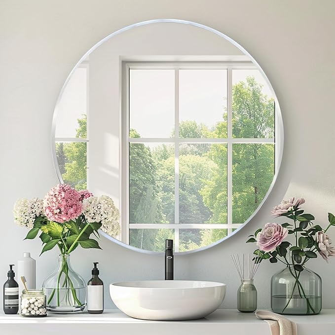 Circle Silver Mirror, Round Mirror 18 inch, Circle Wall Mirrors Metal Frame by Mfring