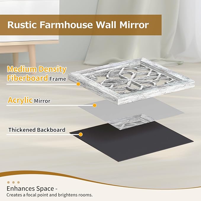 Boho Wall Mirror Decor, Square Shatterproof Vintage Style Mirrors - Image 5