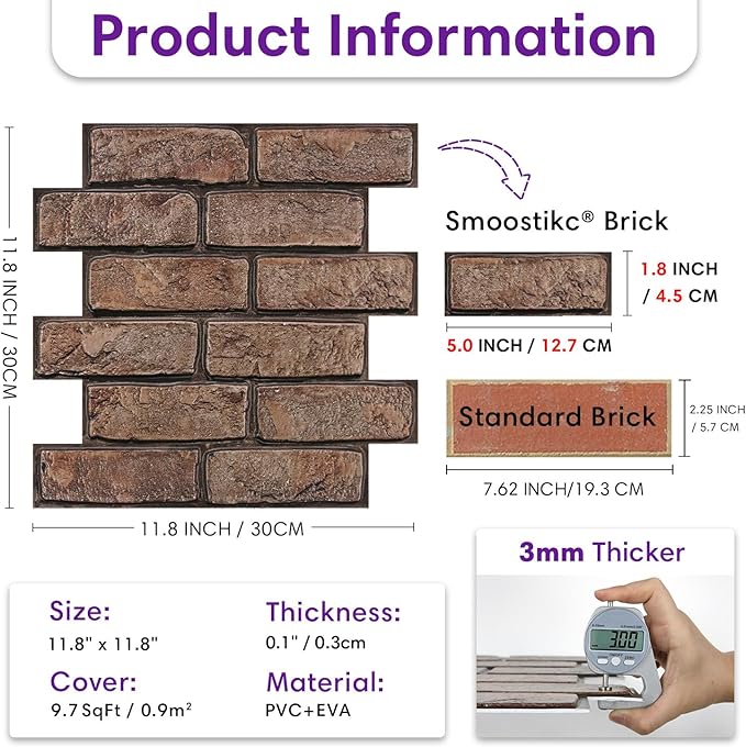 3D Faux Brick Wall Panels Peel and Stick, Small Brick-Look Textured Wall Sticker - Image 3