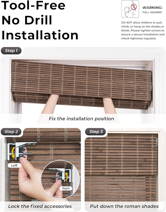 UNISHADES No Drill Cordless Bamboo Roman Shades, Light Filtering Woven Natural - Image 2