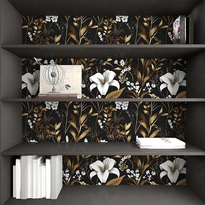 Laatse Black Gold Wallpaper Peel and Stick, Dark White Floral Vintage Contact - Image 5