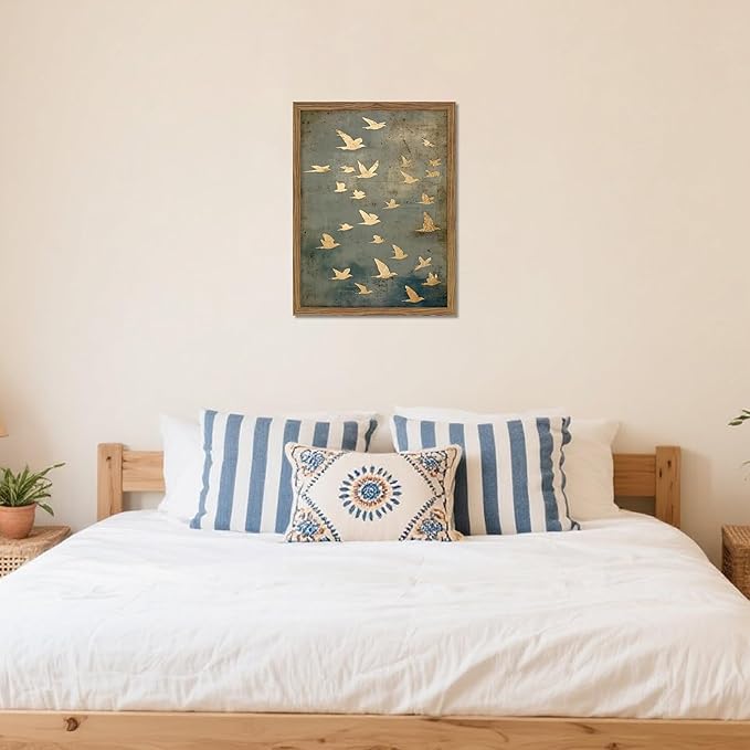 Framed Flock of Birds Canvas Wall Art, Vintage Minimalist Abstract Landscape - Image 4