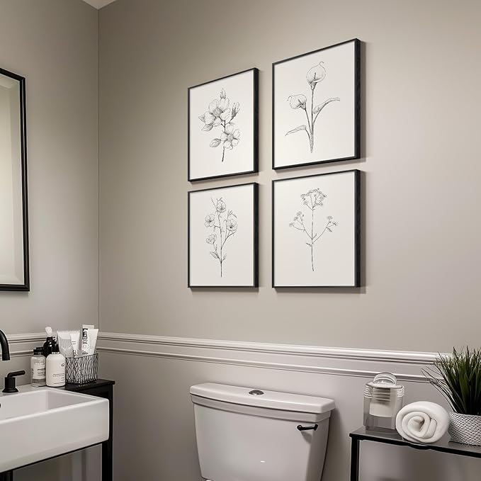 Framed Black and White Floral Wall Art, 4 Piece Vintage Gray Botanical Canvas - Image 4