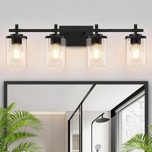 4-Lights Matte Black Bathroom Light Fixture, Modern Black Vanity Lights Over by Spiglamm